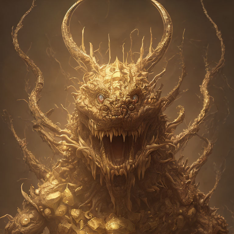 Golden dragon with sharp horns and multiple eyes roaring against amber backdrop