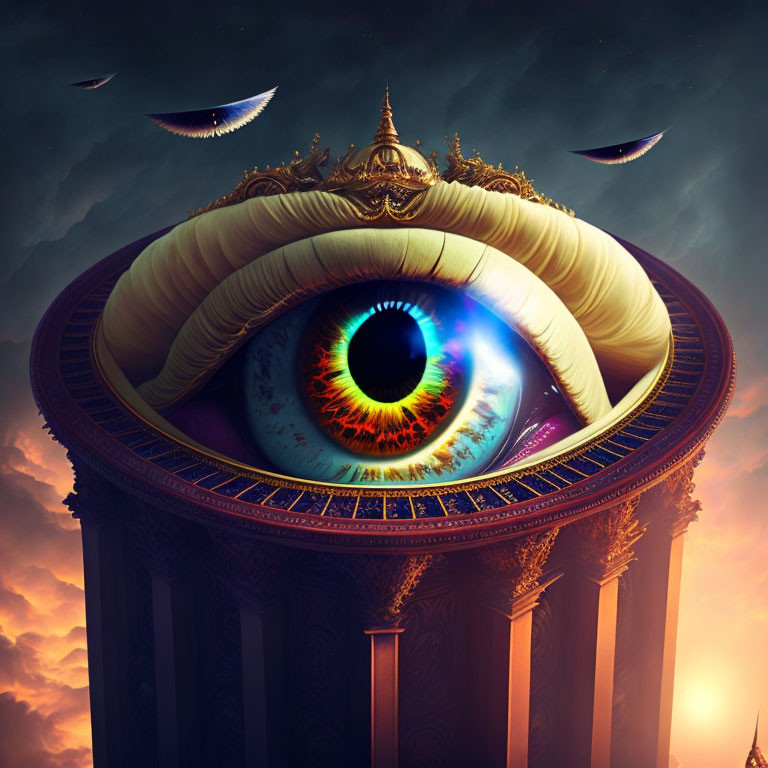 Giant eye on ornate pillar under surreal sky with floating objects