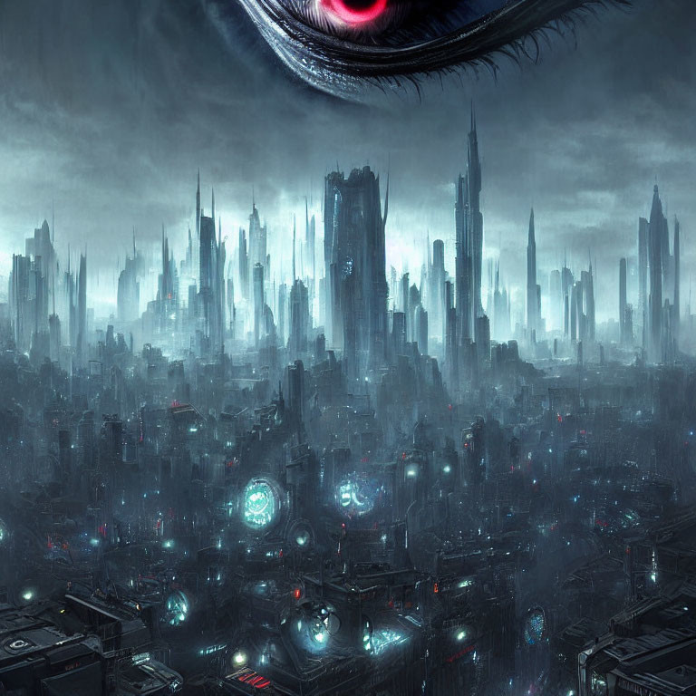 Futuristic night cityscape with towering skyscrapers and watchful eye