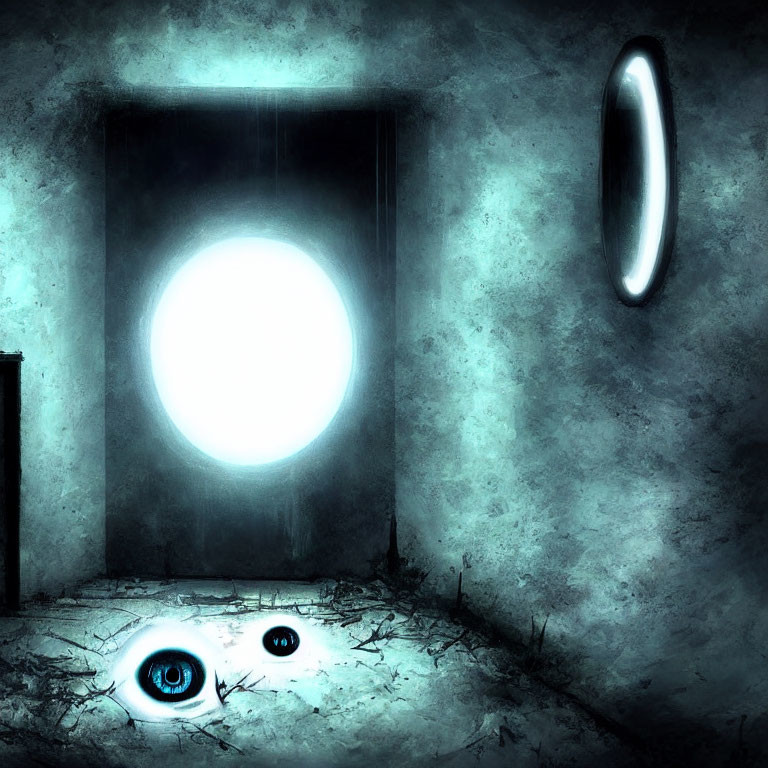 Dimly Lit Room with Glowing Portal, Mysterious Door, and Ominous Eyes