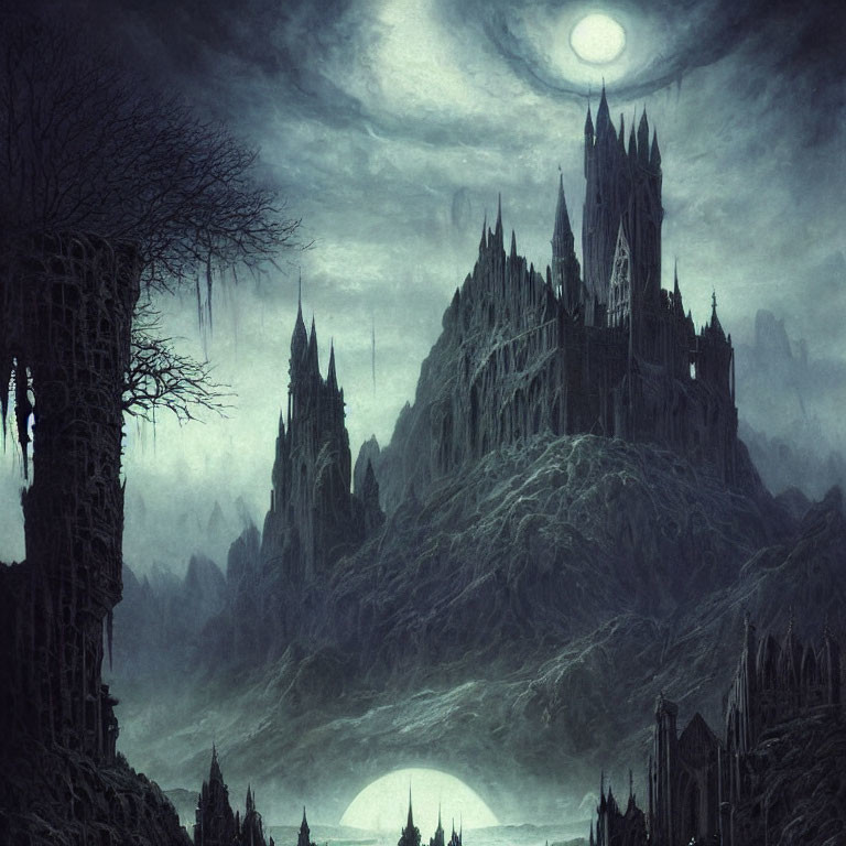 Moonlit Gothic castle in dark rocky landscape with eerie lighting