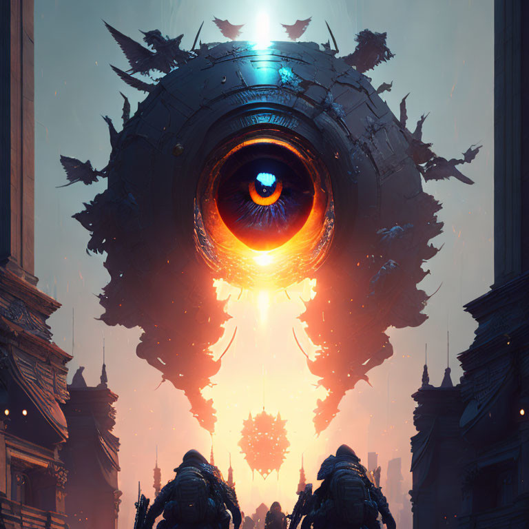 Giant armored eye hovers over fantasy cityscape with spiked ships