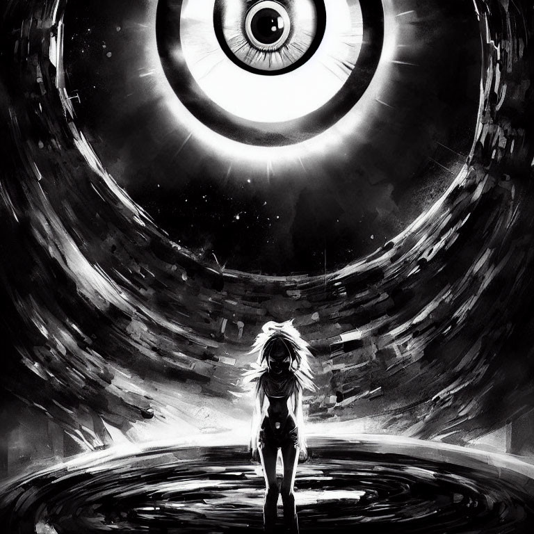 Monochrome image of person facing surreal giant eye