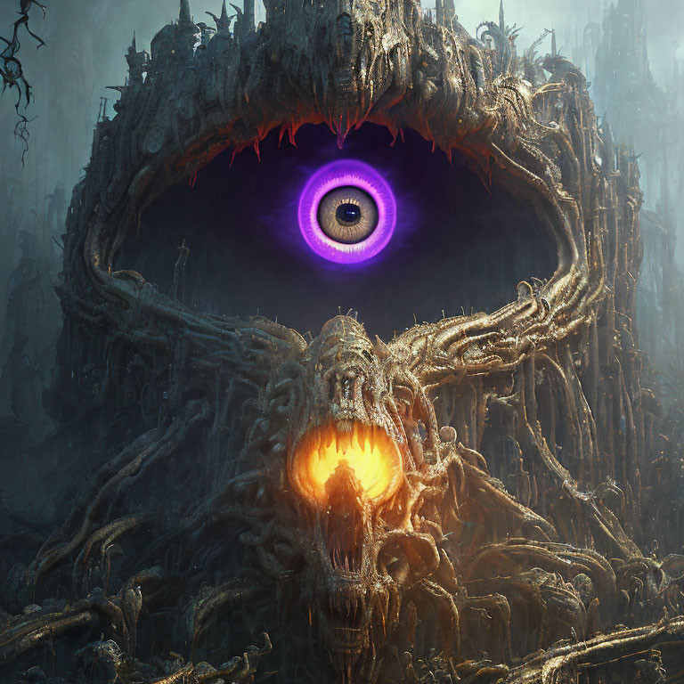 Monstrous entity with fiery mouth, purple eye, twisted trees, and ominous spires