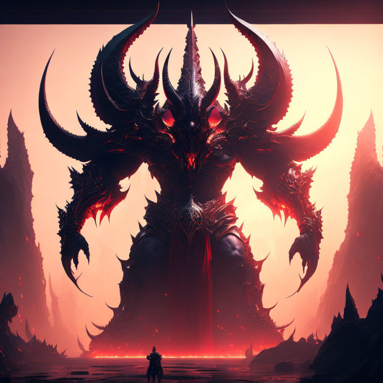 Giant horned demon confronts solitary figure under red sky