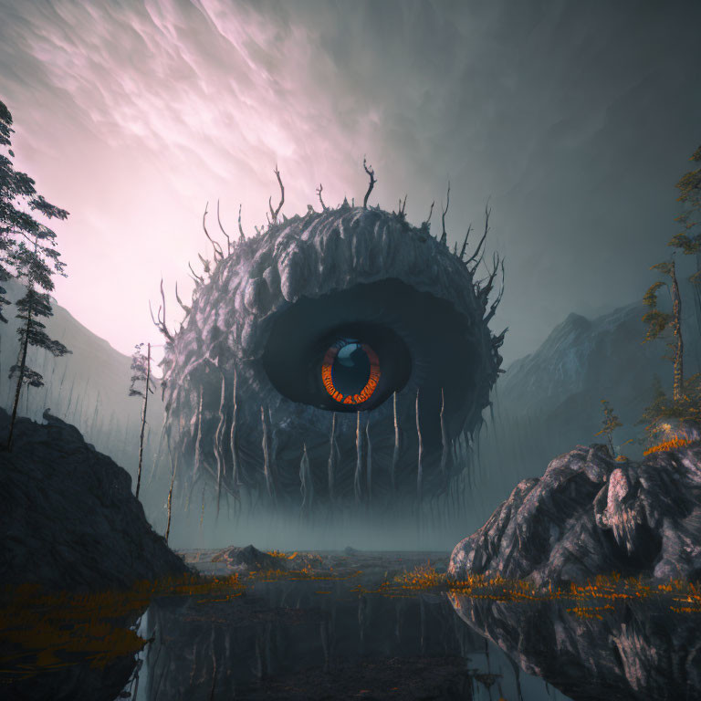 Gigantic eye in surreal landscape with floating tree trunks above reflective lake