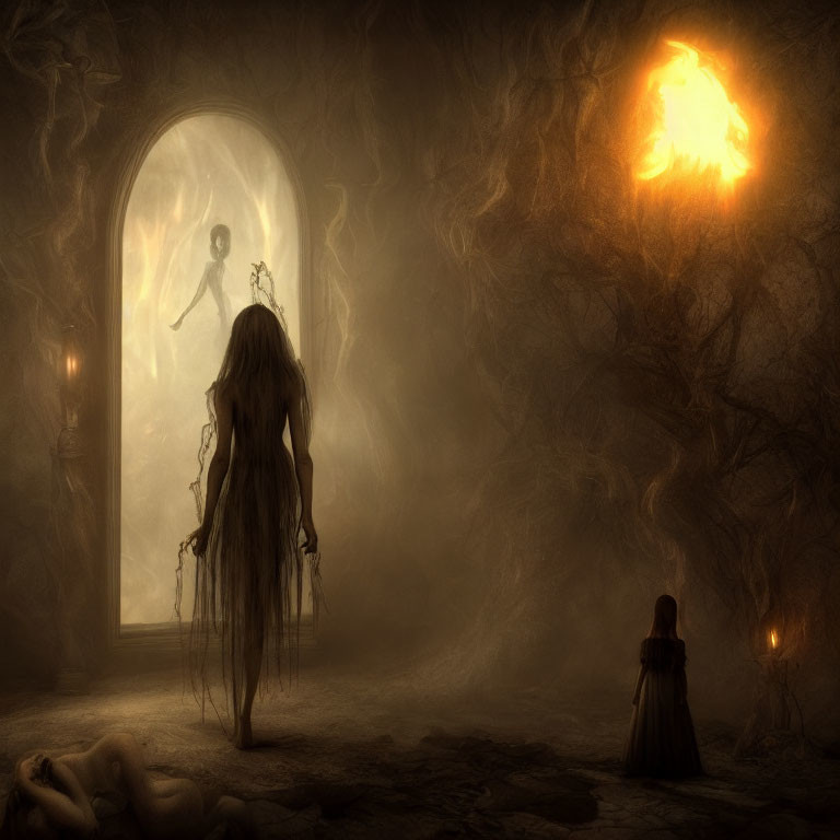 Dark surreal scene with glowing doorway, eerie figure, roots, and dim lighting