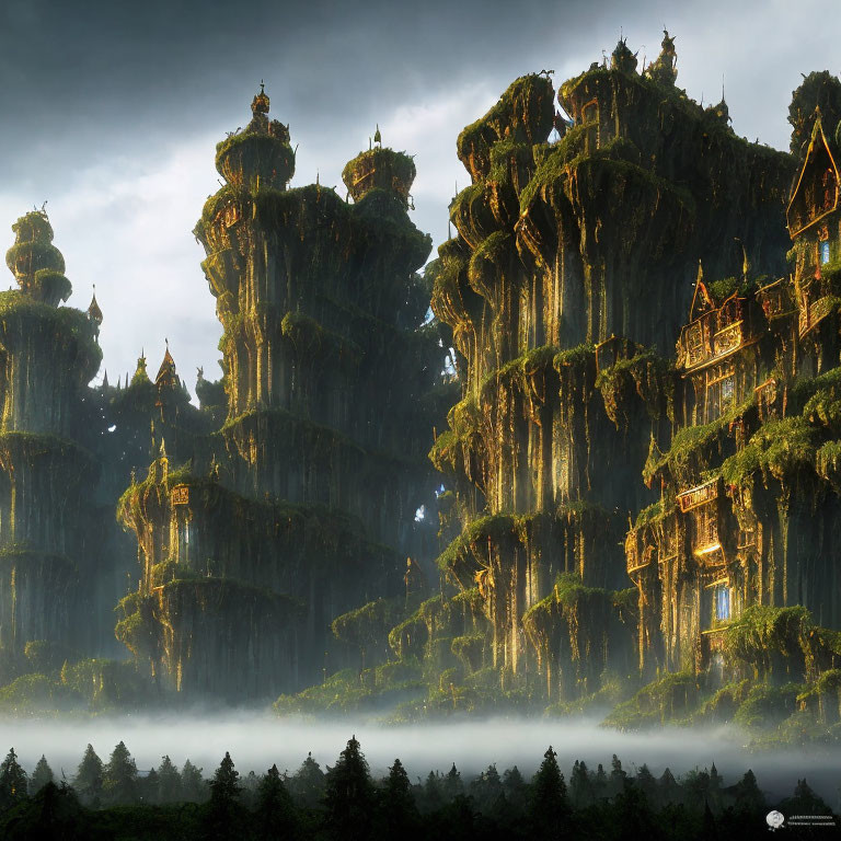 Moss-covered cliffs with intricate buildings above misty forest and dynamic sky