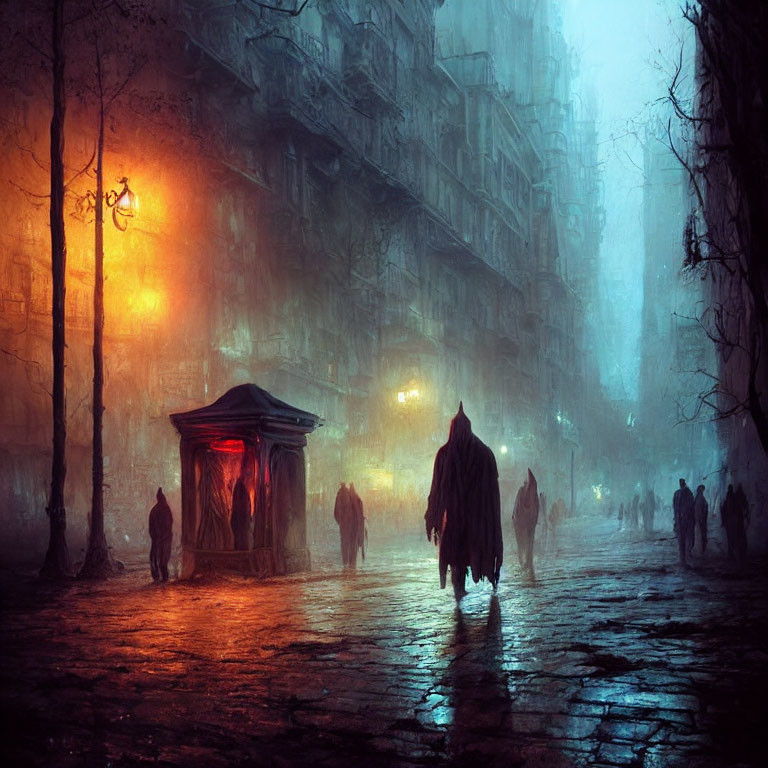 Misty cobblestone street at dusk with shadowy figures and cloaked person walking