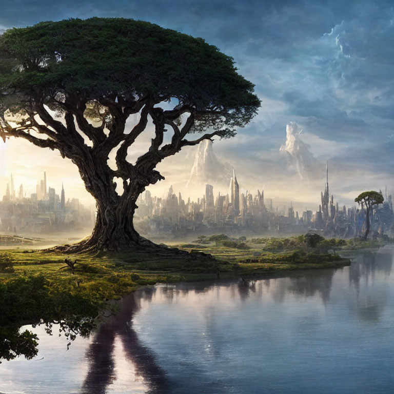 Majestic tree by serene lake with futuristic cityscape and mountains under dramatic sky