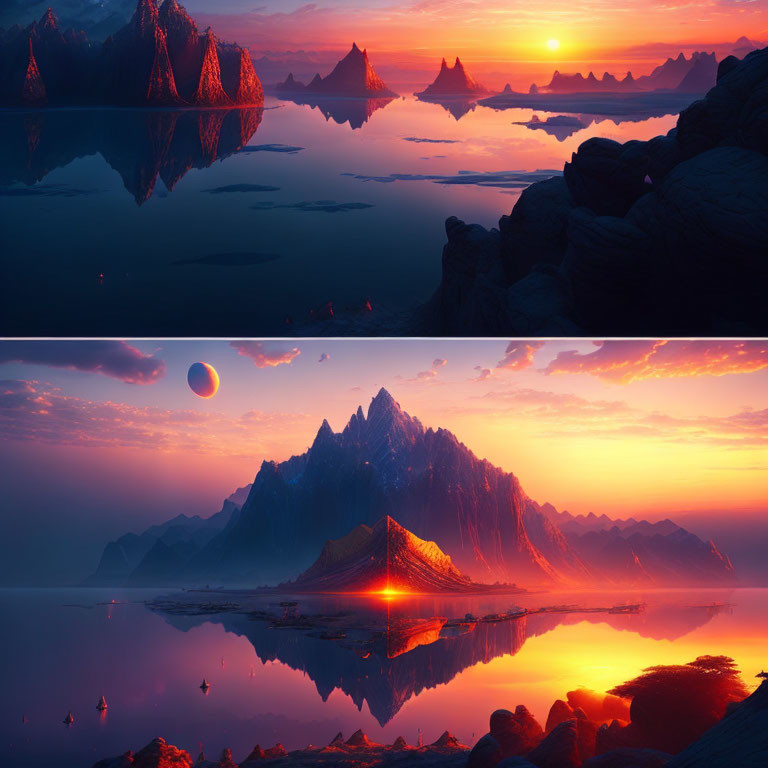 Scenic landscapes of mountains at sunrise or sunset with vibrant colors and eclipse.