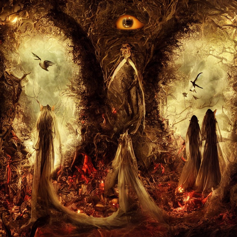 Fantasy forest with giant tree eye, ghostly figures, birds, amber glow