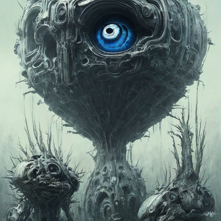 Surreal image of large mechanical structure with blue eye, towering over humanoid figures