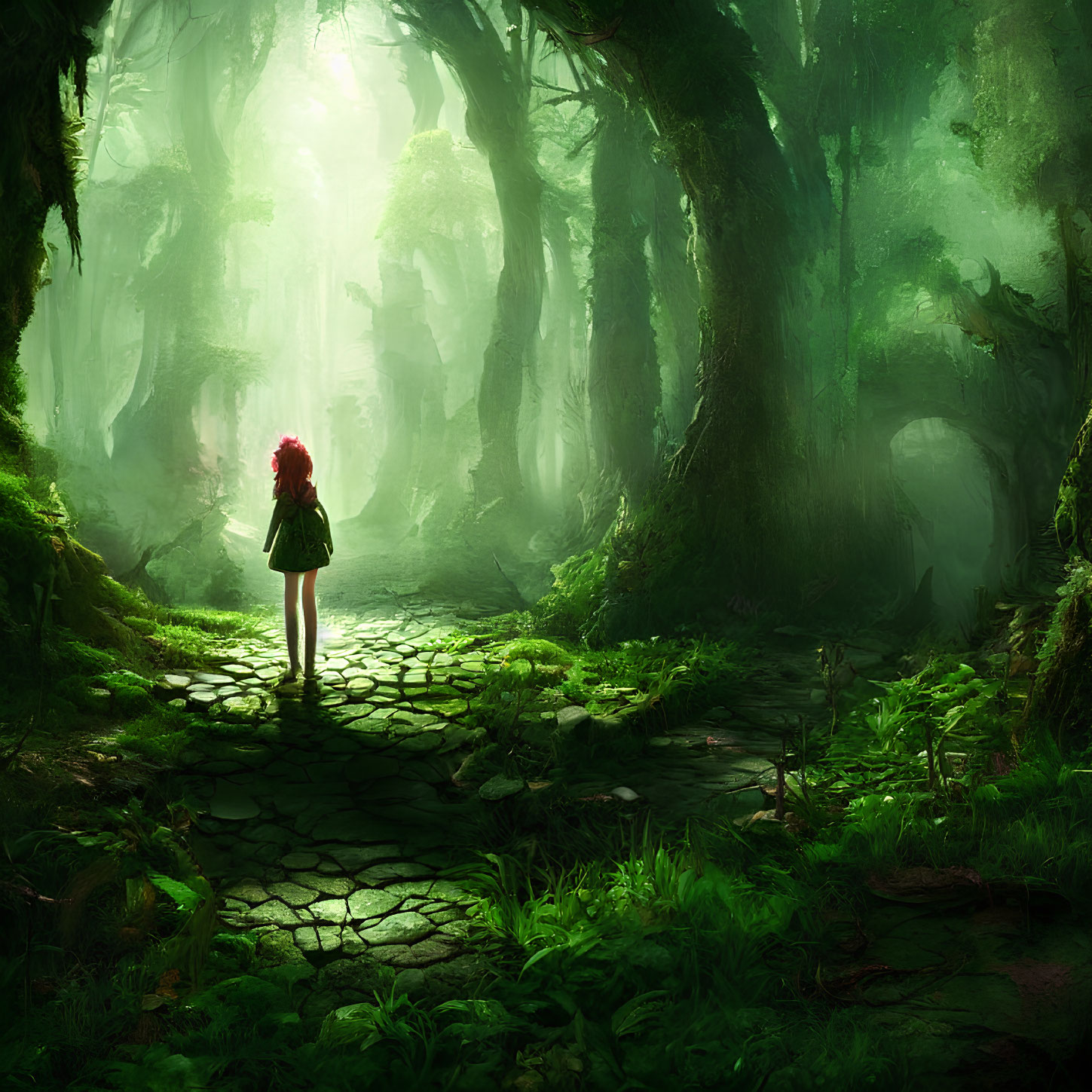 Red-Haired Person in Sunlit Green Forest with Towering Trees