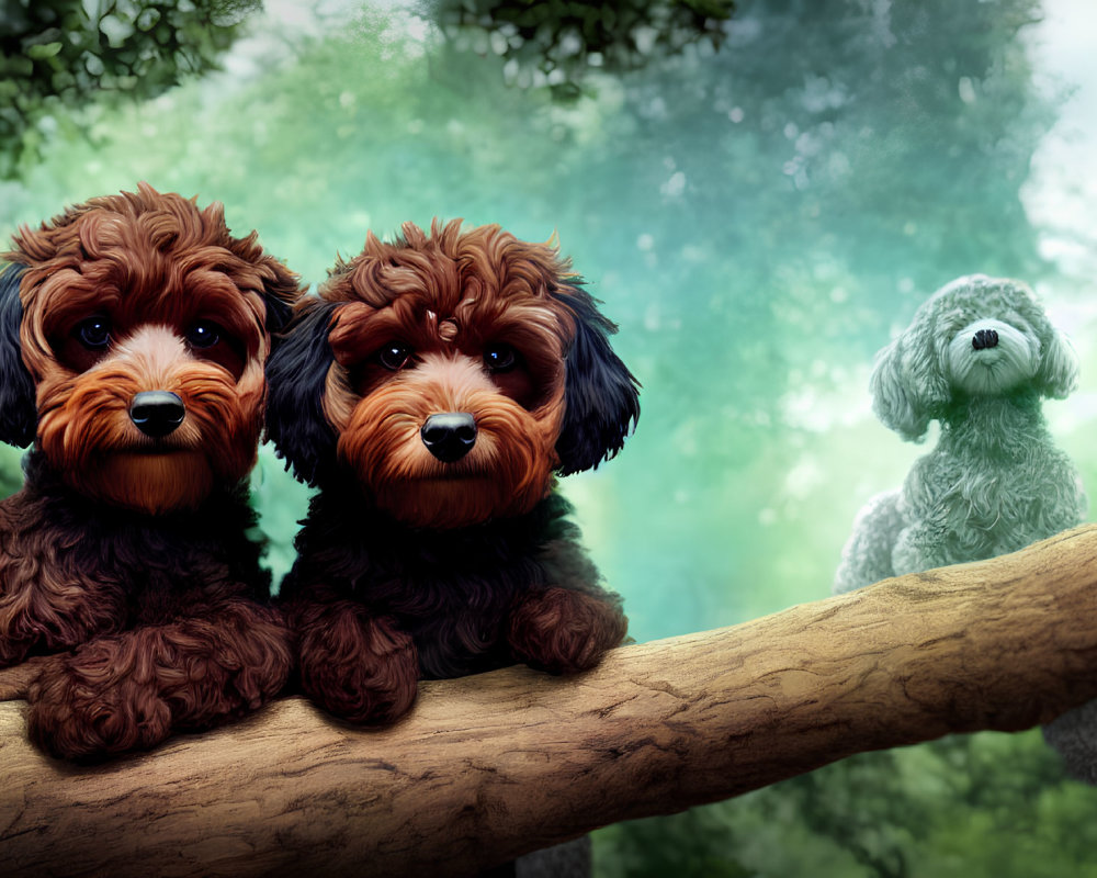 Three fluffy dogs on tree branch in lush forest