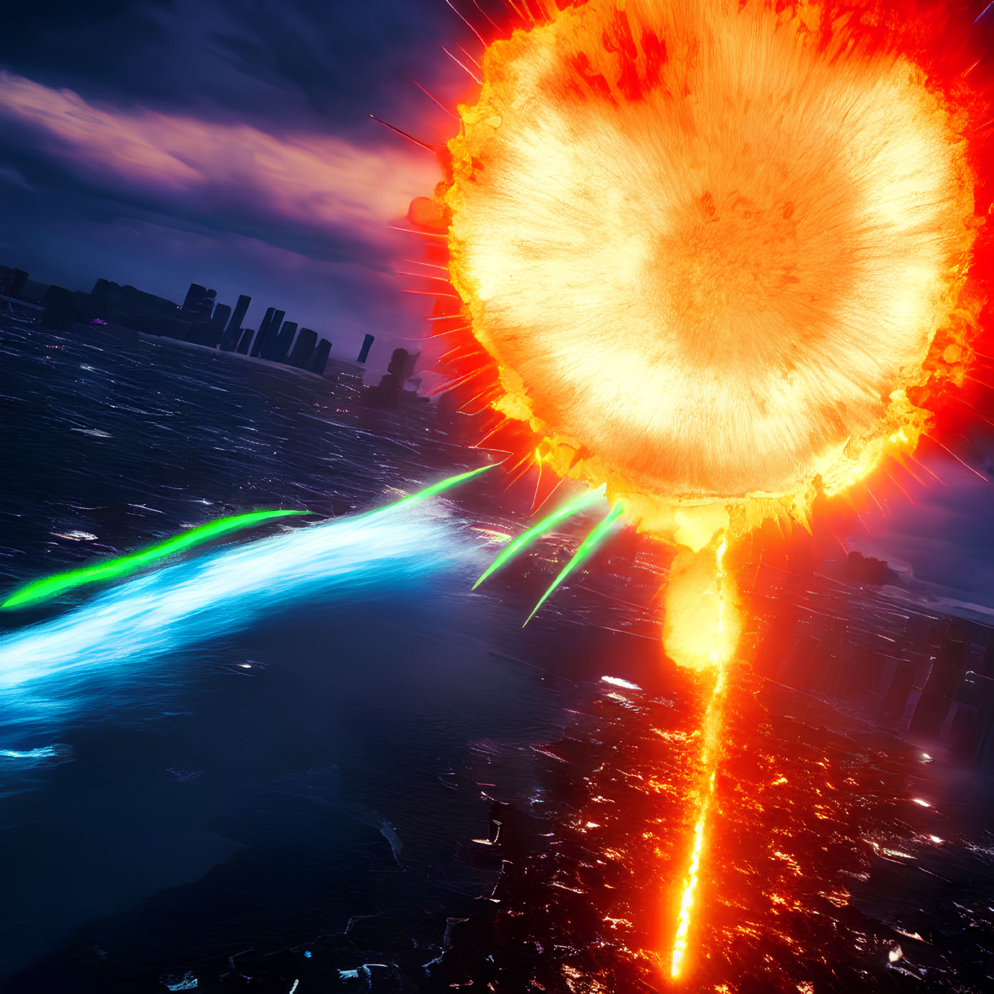 Massive meteorite causes fiery explosion in city skyline.