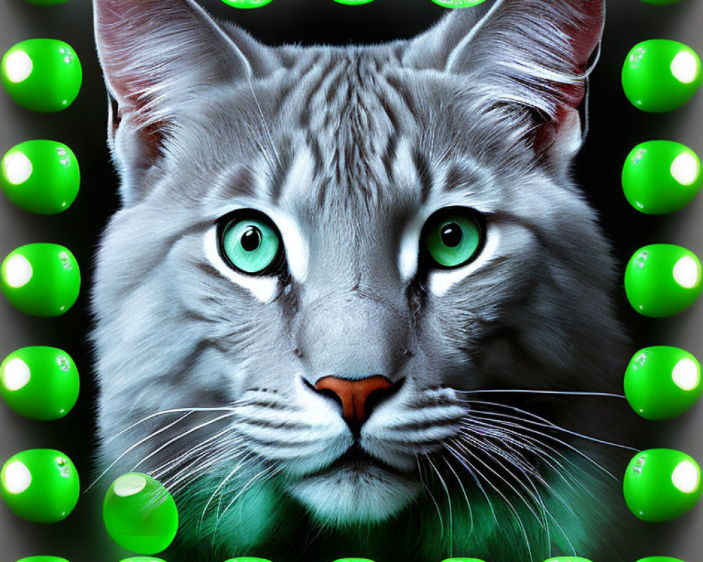 Surreal close-up of cat with green orbs on black background