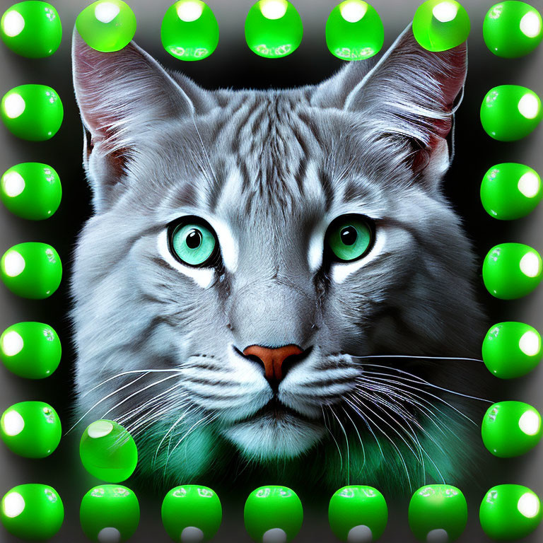 Surreal close-up of cat with green orbs on black background