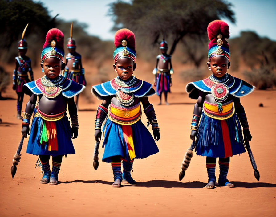 Three people in traditional African attire with beaded necklaces and feathered headdresses in a dry,