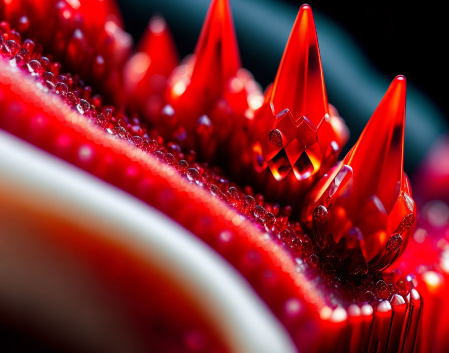 Detailed Macro Shot of Red Spiky Flower with Water Droplets