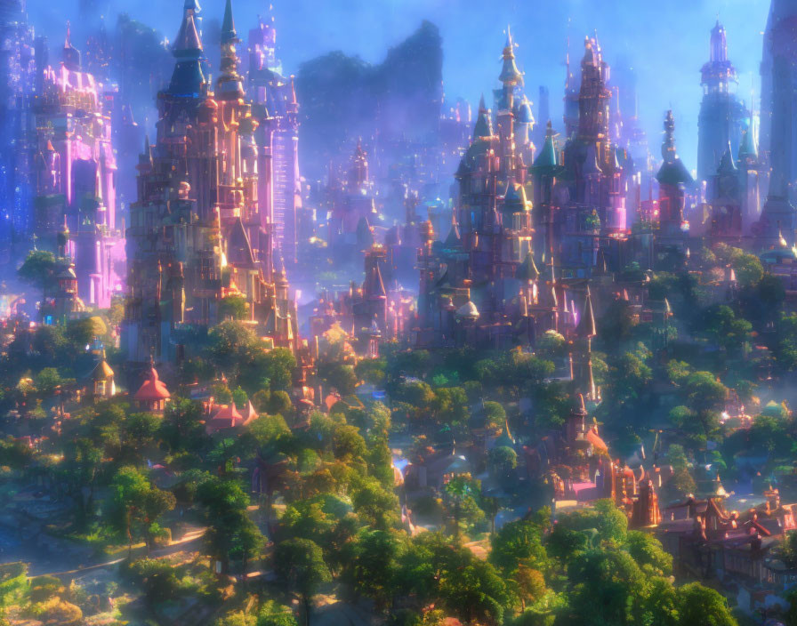 Vibrant fantasy cityscape with pink and purple spire-topped buildings