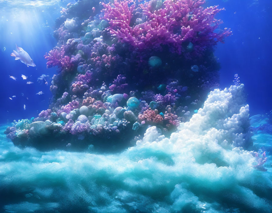 Colorful Coral Reef Teeming with Fish Under Sunlight