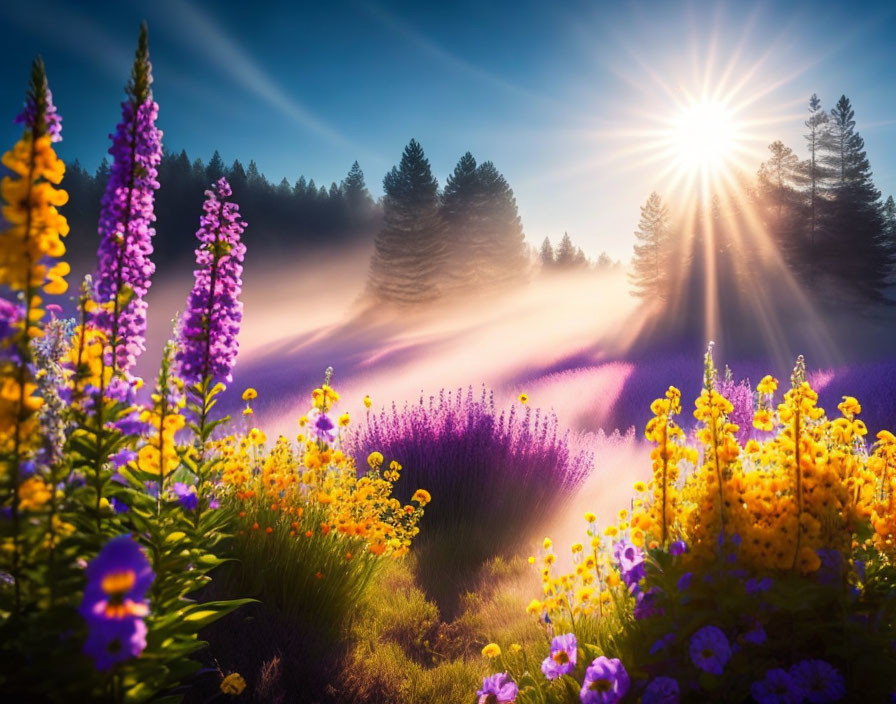 Colorful blooming flower field under bright sun with silhouetted trees