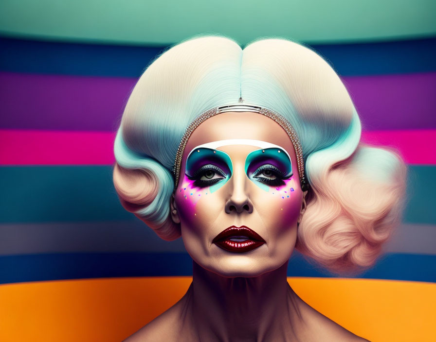 Exaggerated makeup and high white wig portrait against colorful backdrop