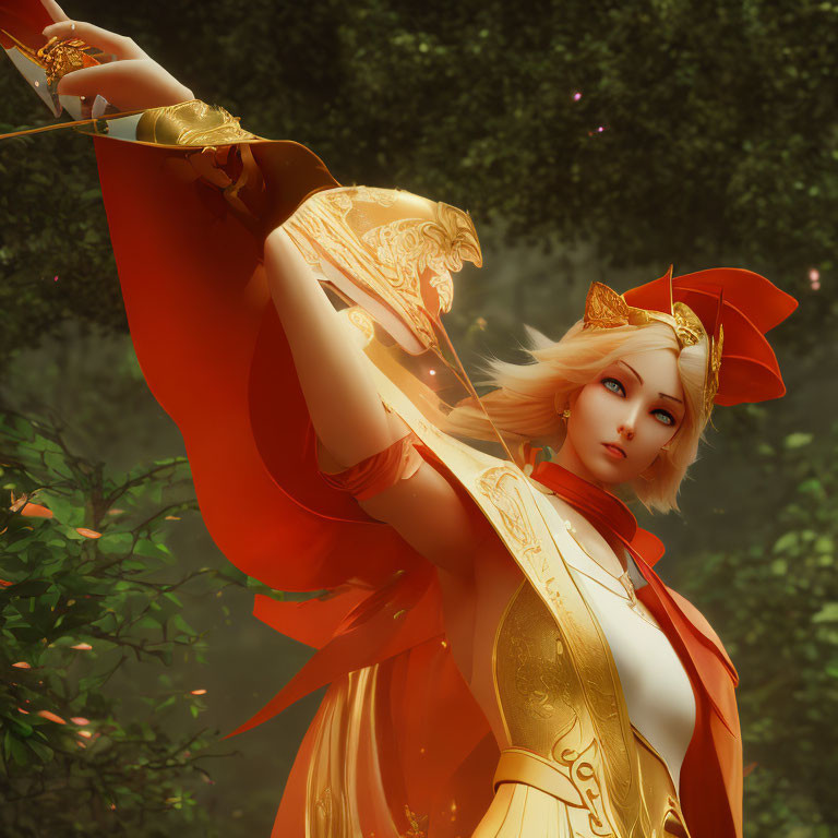 Digital artwork of female character with fox ears in ornate golden headpiece and red garments, set against