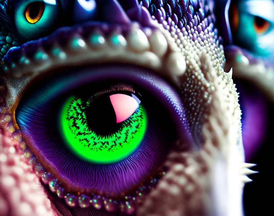 Vibrant reptilian eyes with textured skin and striking irises.