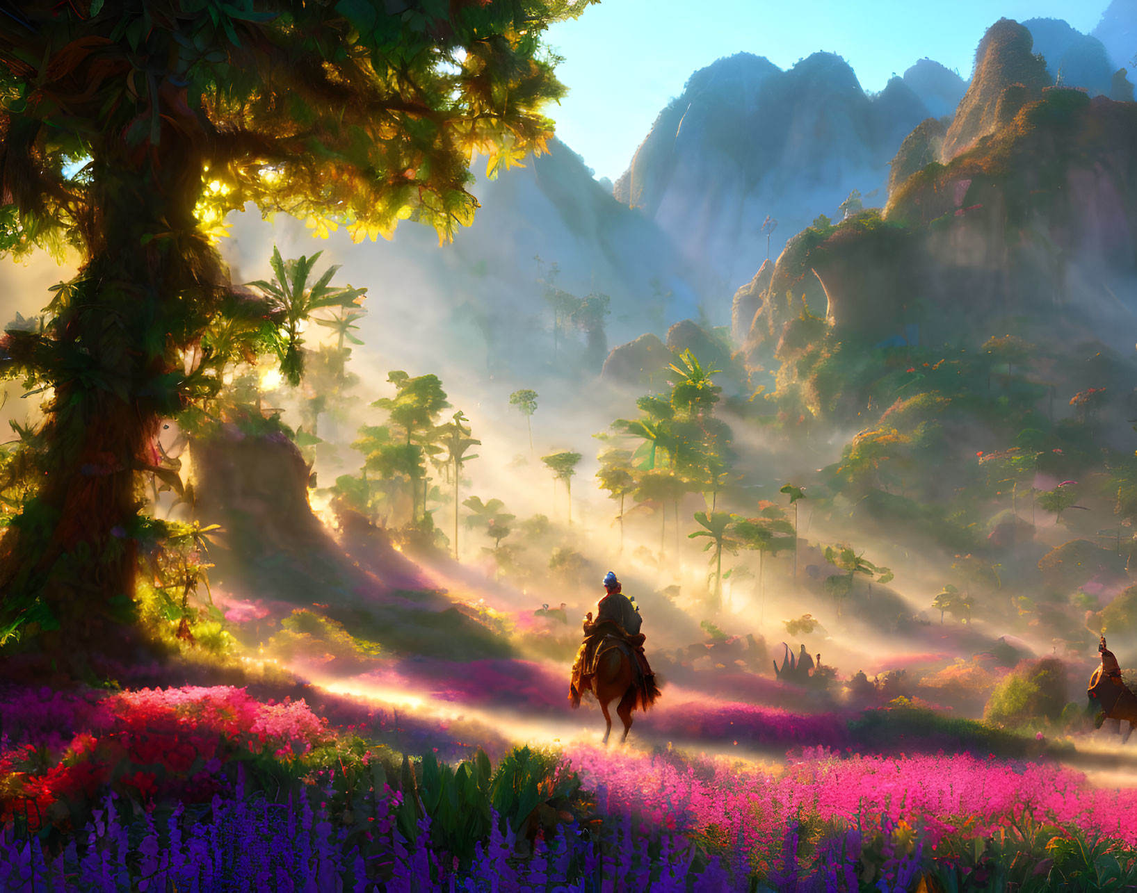 Sunlit Misty Forest with Riders on Horseback and Towering Cliffs