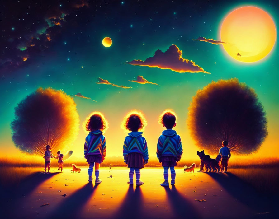 Children and dogs under vibrant sunset with sun and moon.