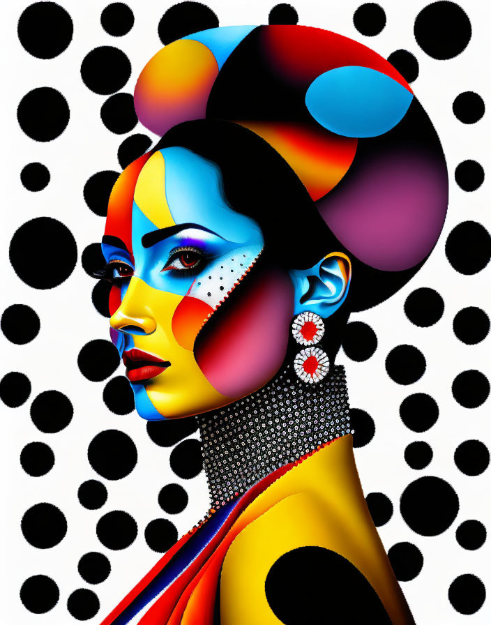 Colorful makeup woman portrait against polka dot background