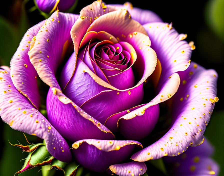 Vibrant purple rose with gold trim on dark background