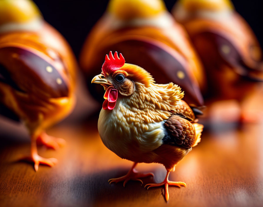 Colorful miniature chicken figurine against blurred background of objects