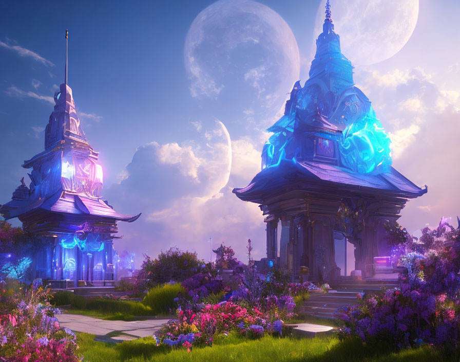 Fantastical landscape with glowing towers, purple flowers, and twin moons