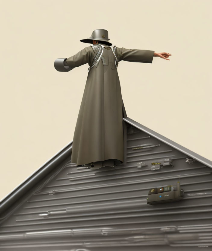 Mysterious Figure on Sloped Metal Roof with Suitcases