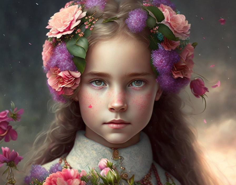 Digital artwork: Young girl with floral crown, pink roses, purple flowers, pink freckles,