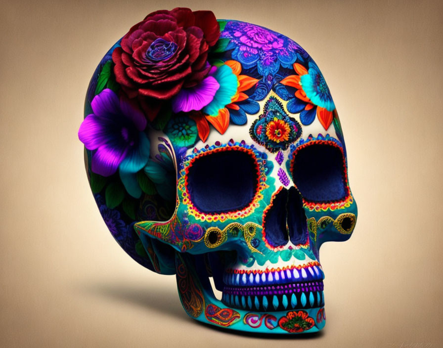 Colorful Floral Skull Art on Beige Background