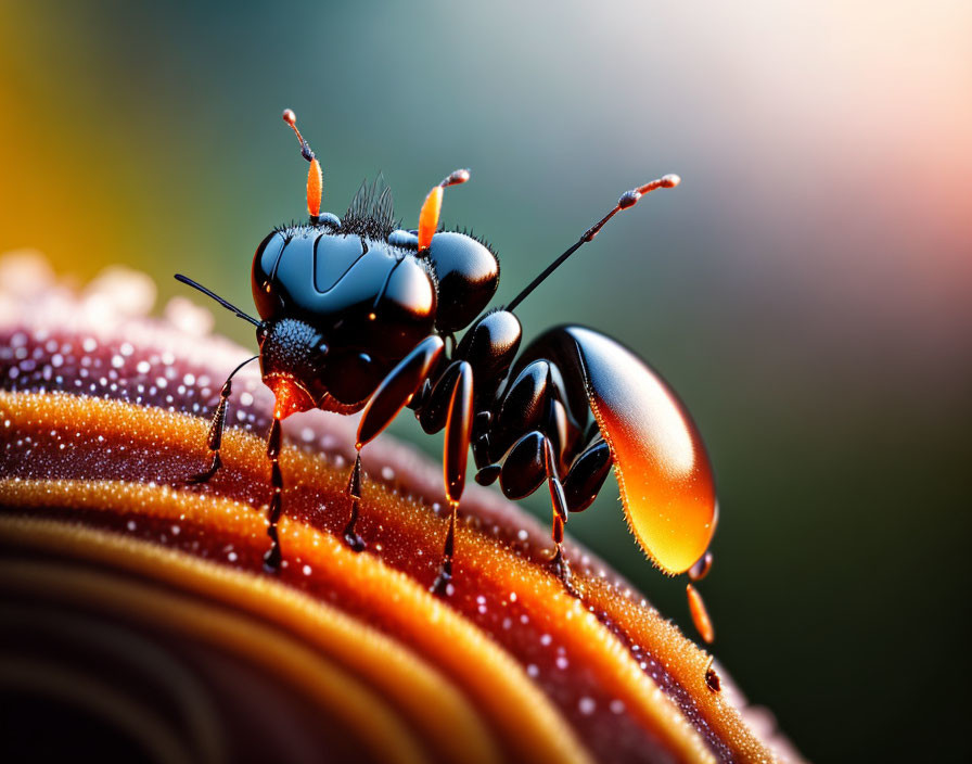 Shiny black ant with orange highlights on vibrant dew-covered flower