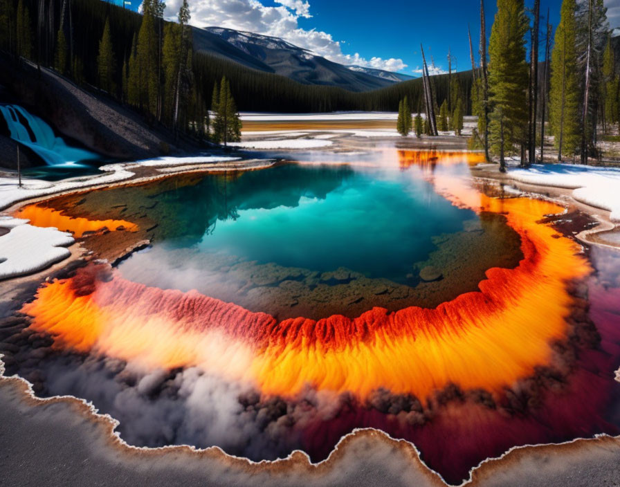 Geothermal Spring with Blue Water, Orange Mats, Pine Trees, Snow, Clear Sky