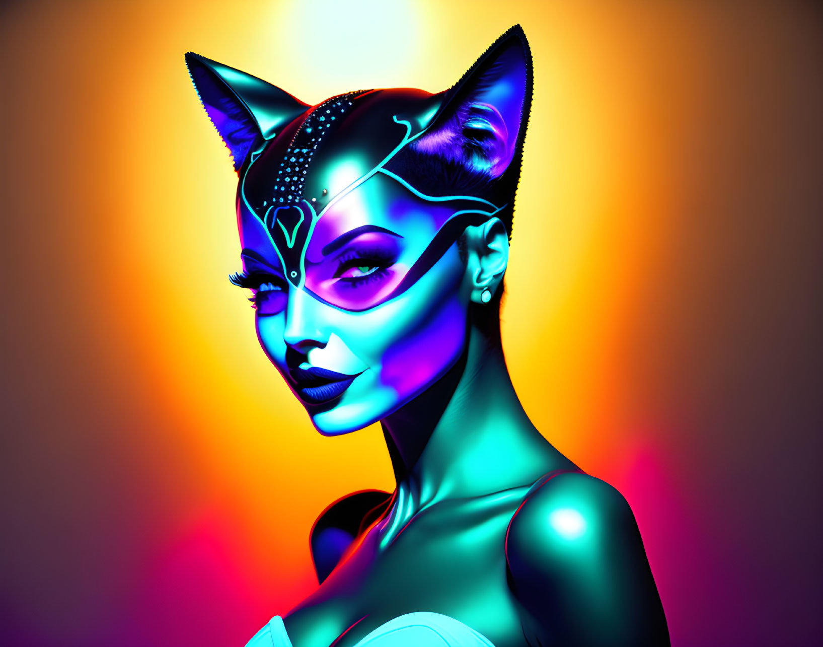 Digital artwork: Woman with cat features and headpiece on orange-purple gradient