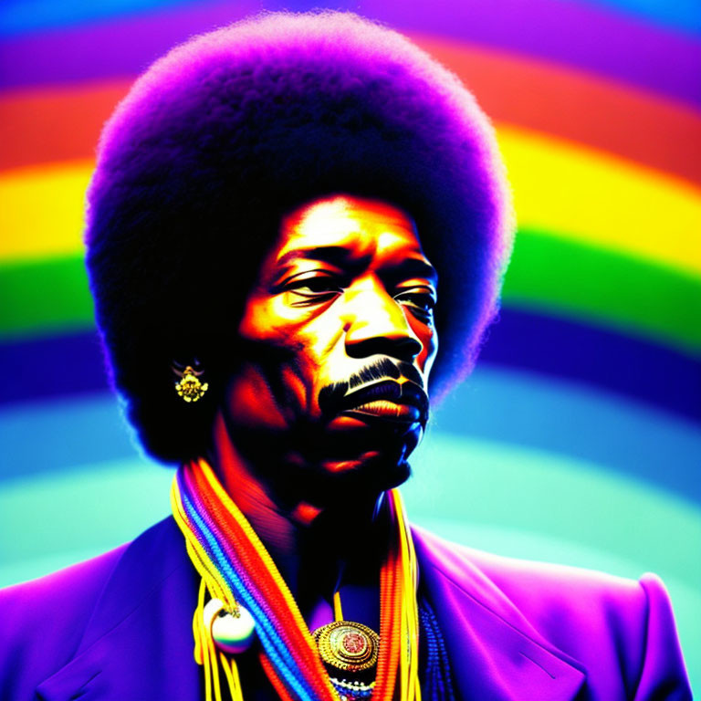 Colorful portrait of man with afro against psychedelic rainbow backdrop