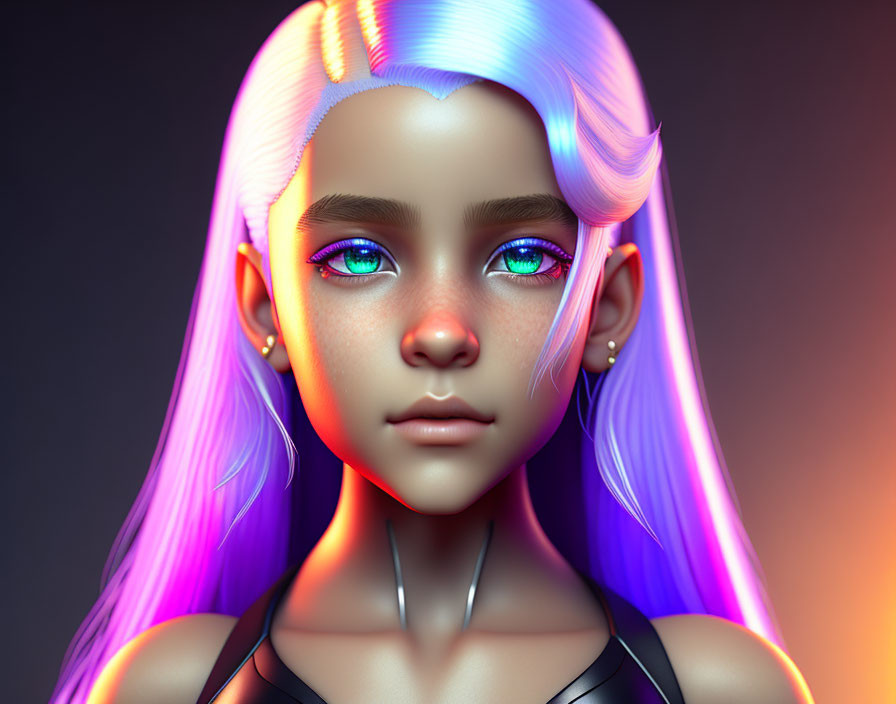 Vibrant purple and white hair 3D illustration of a girl with blue eyes