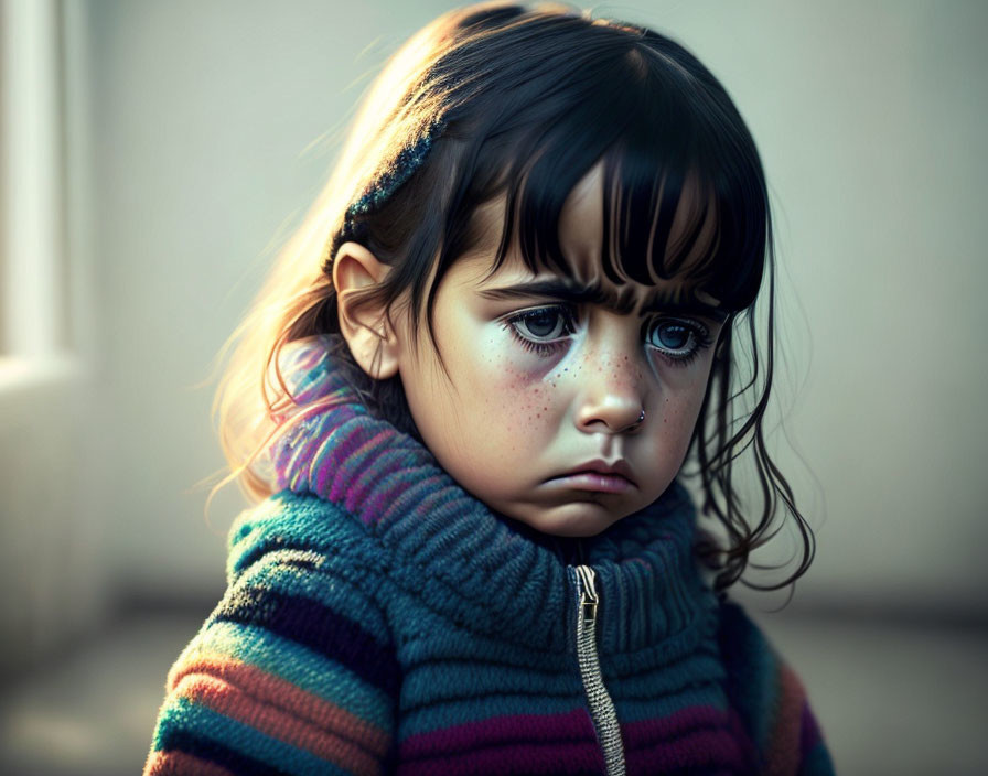 Melancholic toddler in colorful sweater with brown eyes and freckles