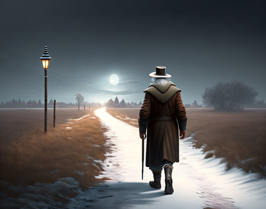 Person in coat and hat walks on snow path under glowing moon and streetlamp