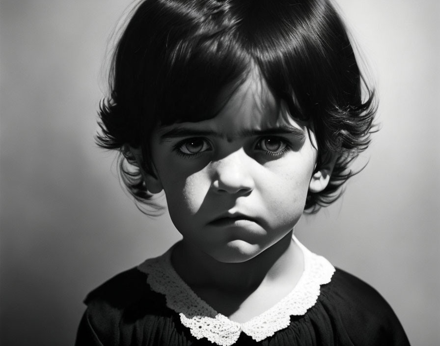 Monochrome portrait of a child in dark dress with white collar