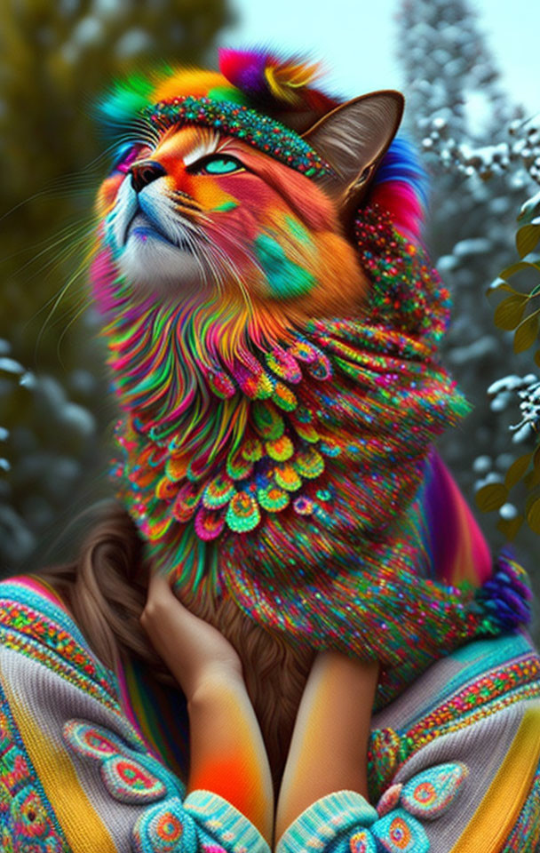 Colorful digital artwork: Multicolored cat with rainbow feathers on person's shoulder.