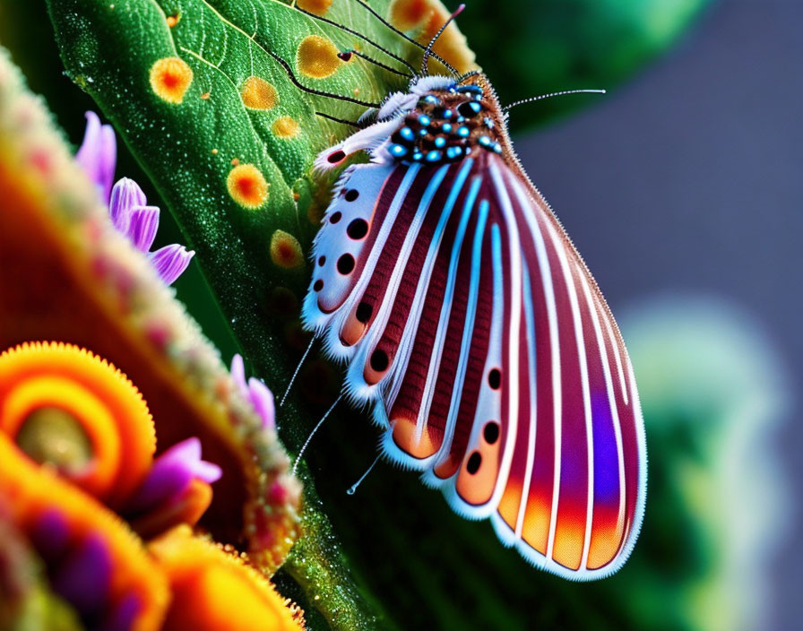 Colorful Butterfly Resting on Green Leaf with Purple and Orange Flowers