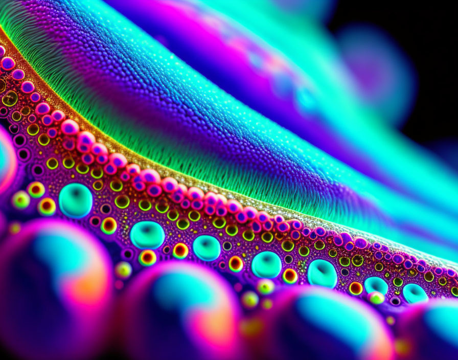 Colorful iridescent bubbles and droplets on feather in vibrant purple, blue, and green hues